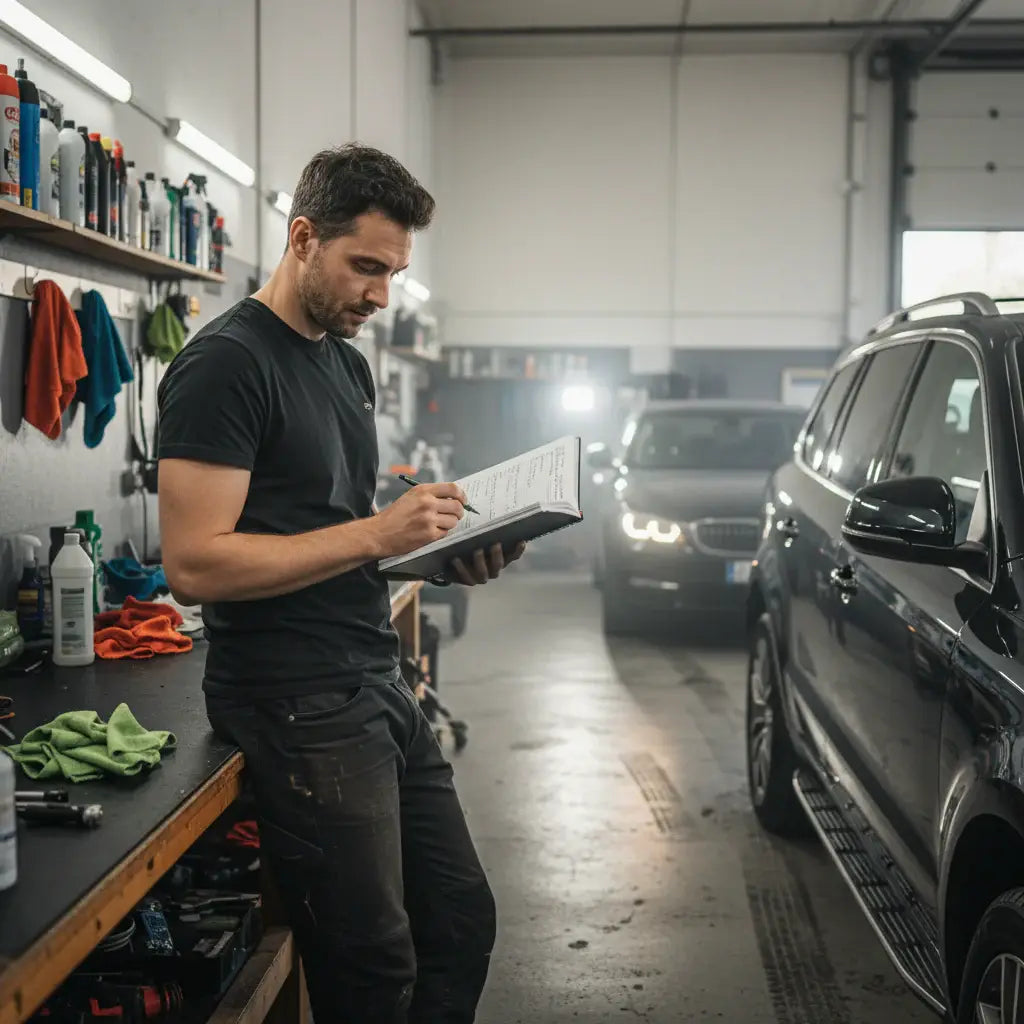 Mechanic working on a car in a garage. LeTech leather repair
