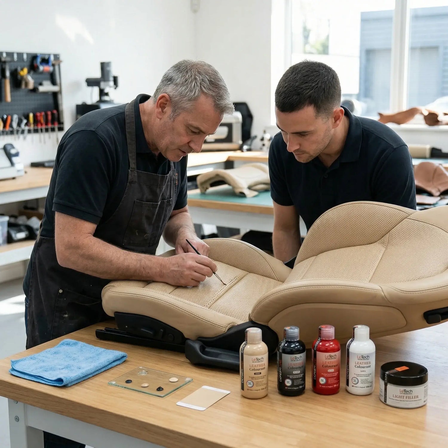 Two men working on a car seat in a workshop with various automotive products on a table. Advanced leather restoration by LeTech