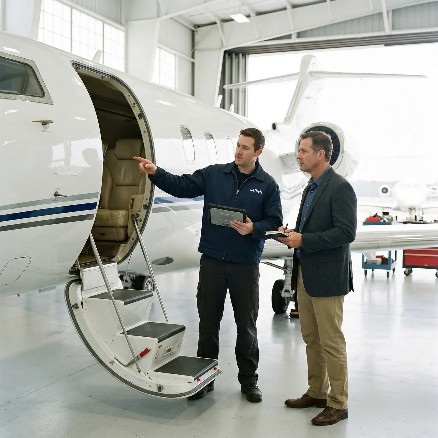 Two men inspecting a small airplane in a hangar. Leather restoration for airplanes by Letech