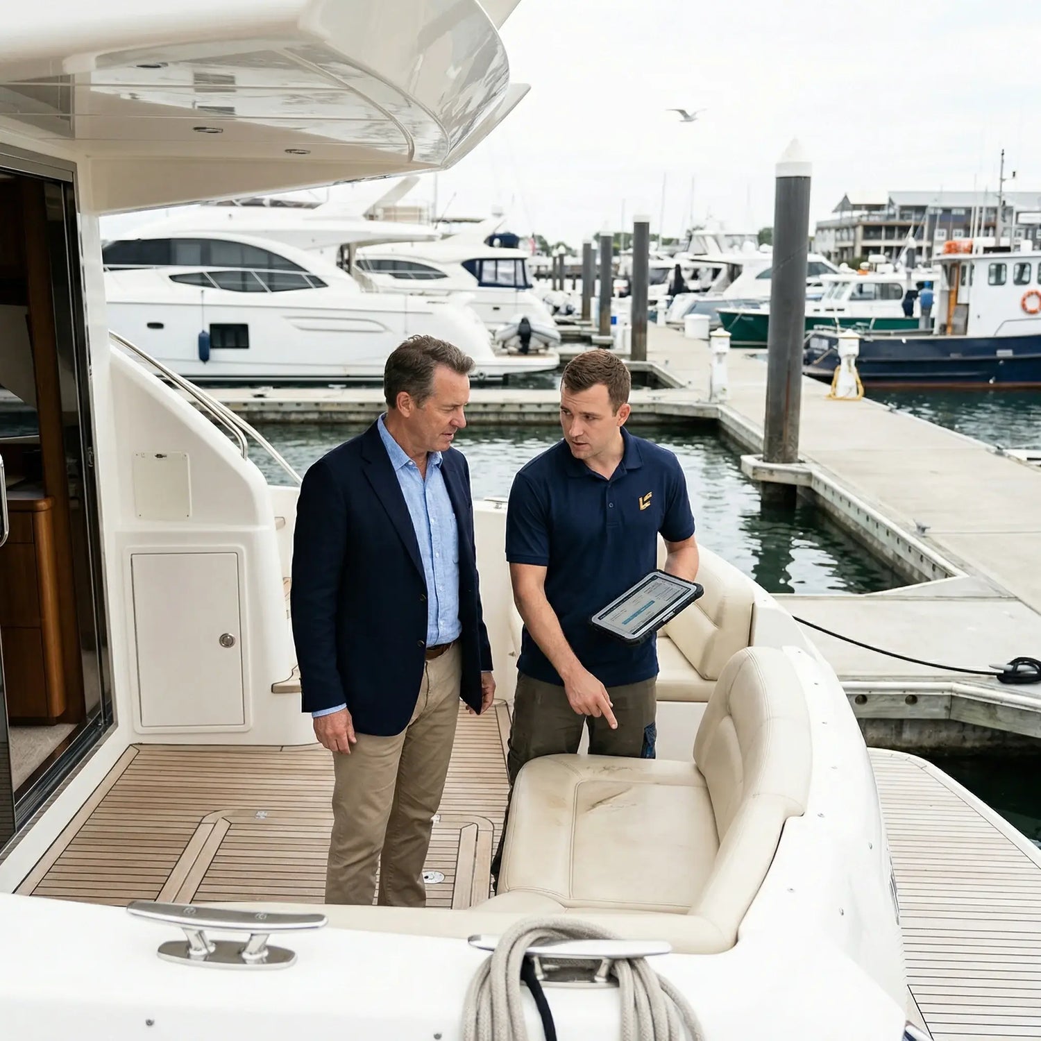 Two men on a boat discussing something, with a marina in the background. Boat leather repairs by LeTech