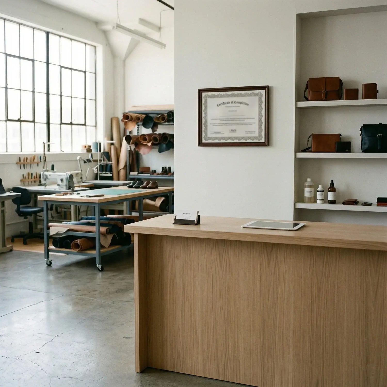 Wooden reception desk in a modern office setting with shelves and large windows. Letech leather repair certification 