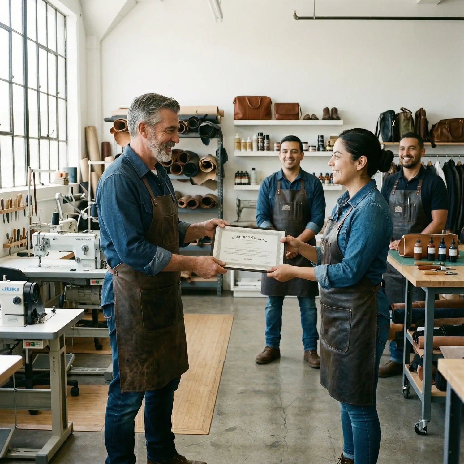 Two people in a workshop exchanging a certificate, with leather goods in the background. Leather repair class certification