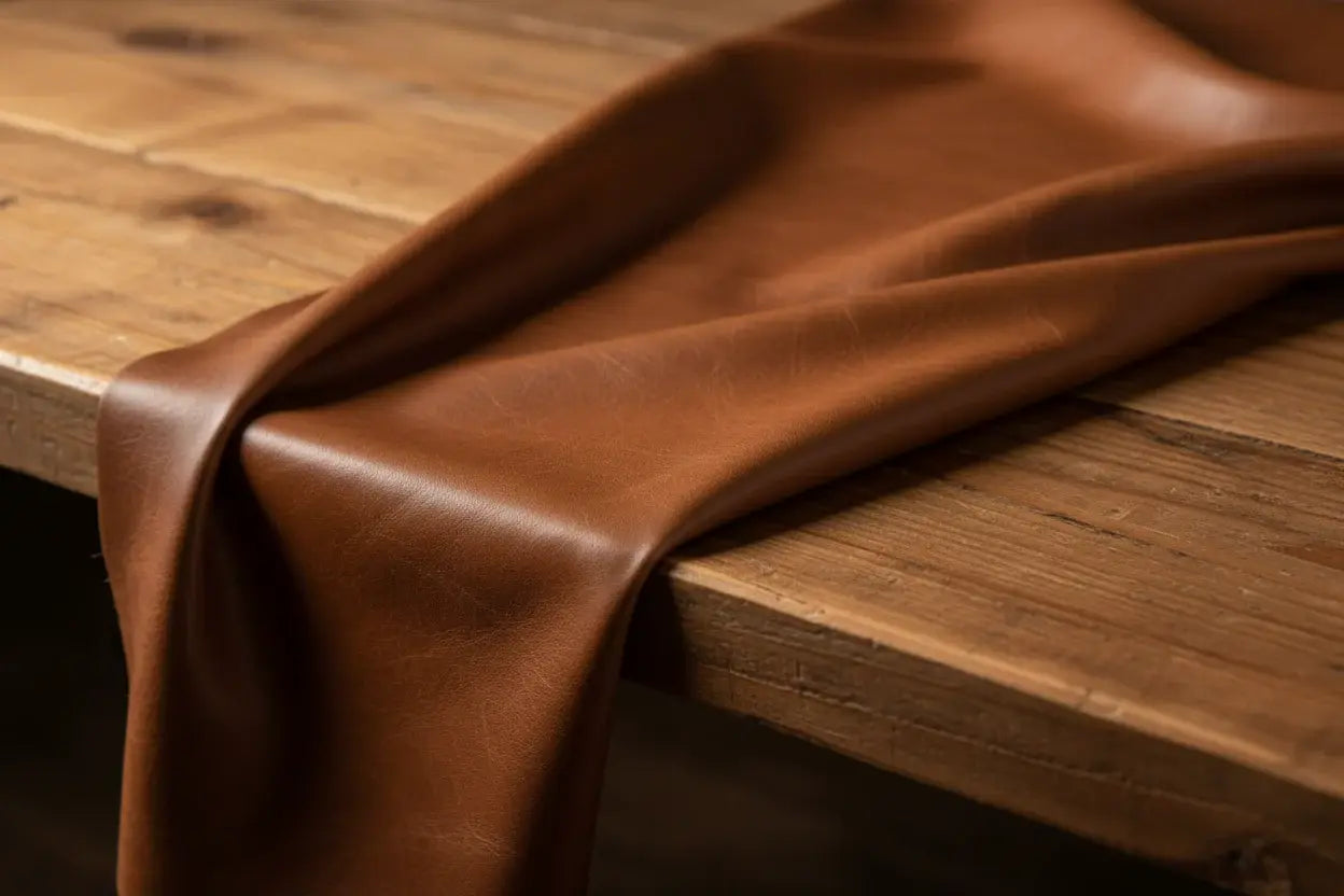 close up of leather fabric on a table. landscape aspect ratio