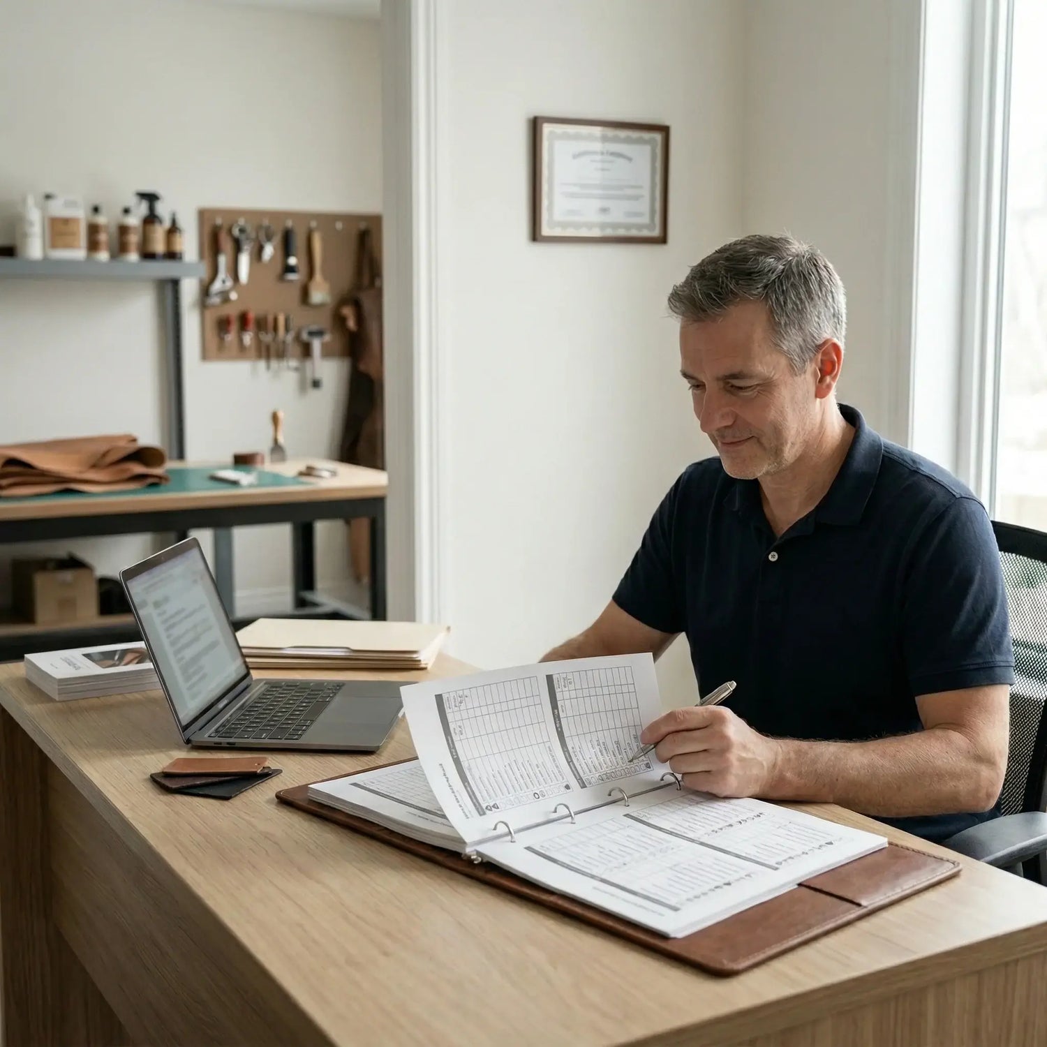 Man sitting at a desk with a laptop and planner, in a home office setting. LeTech certification