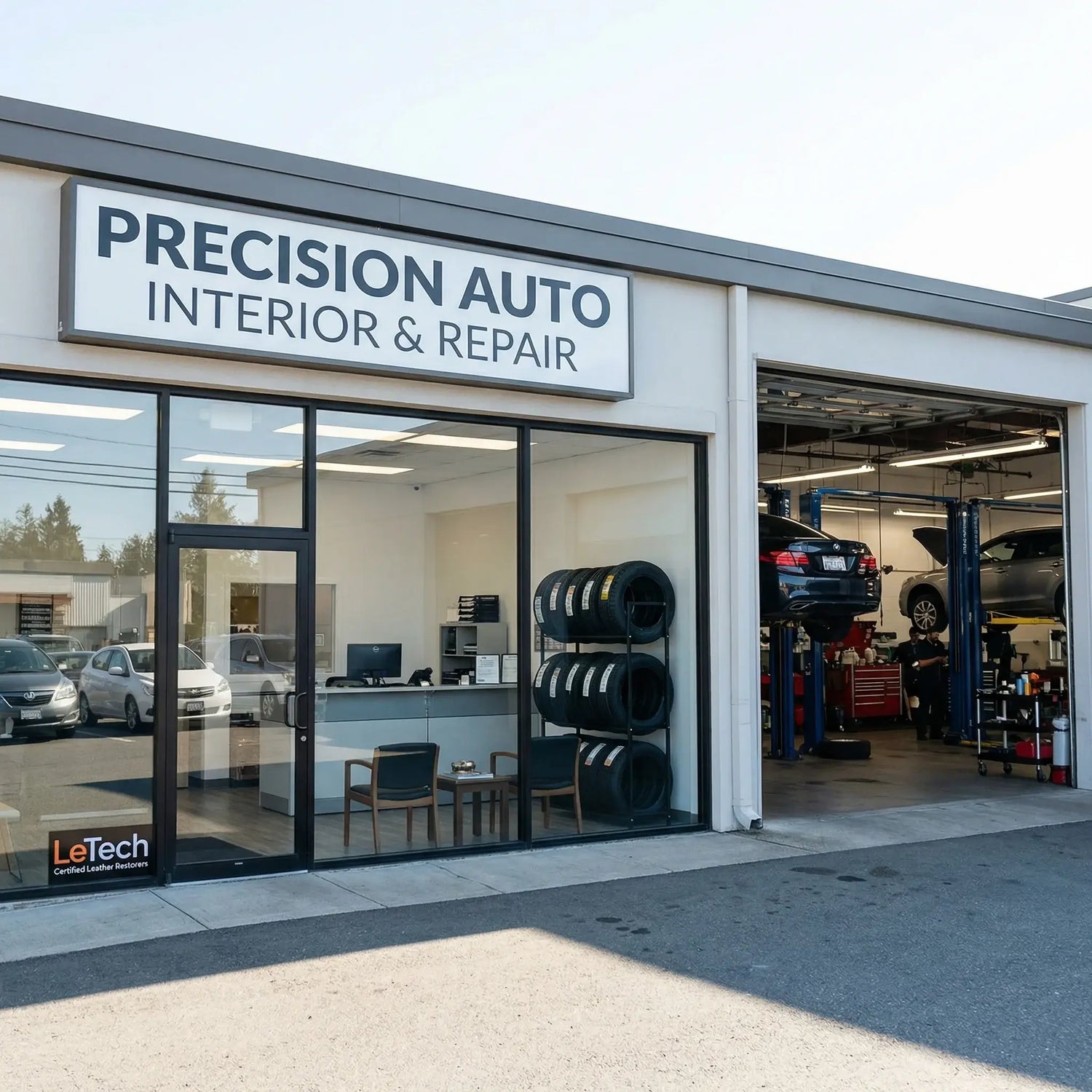 Precision Auto Interior & Repair garage with open doors showing interior and vehicles. Letech certified