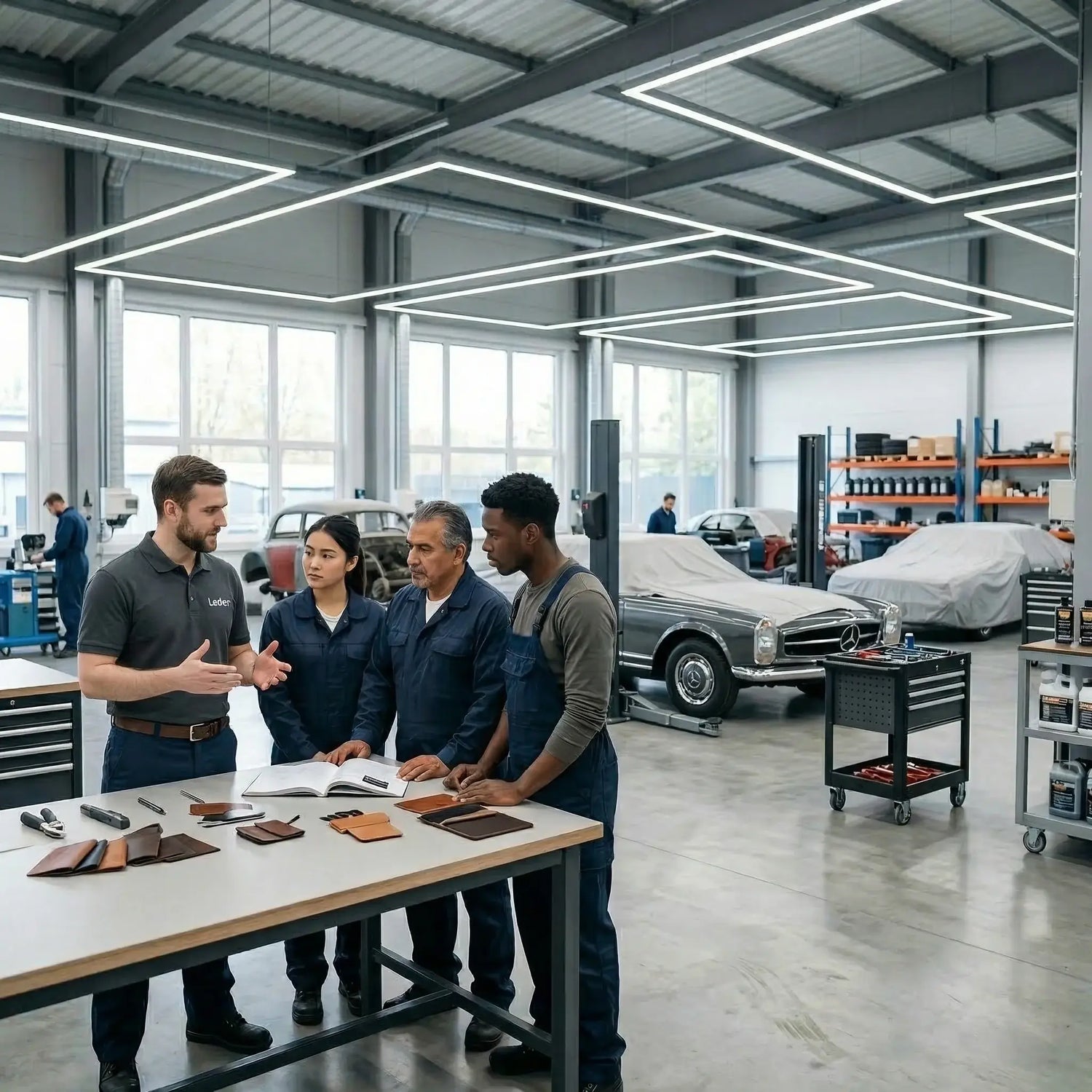 Group of mechanics discussing in a workshop with cars and tools in the background. Letech corporate leather restoration classes