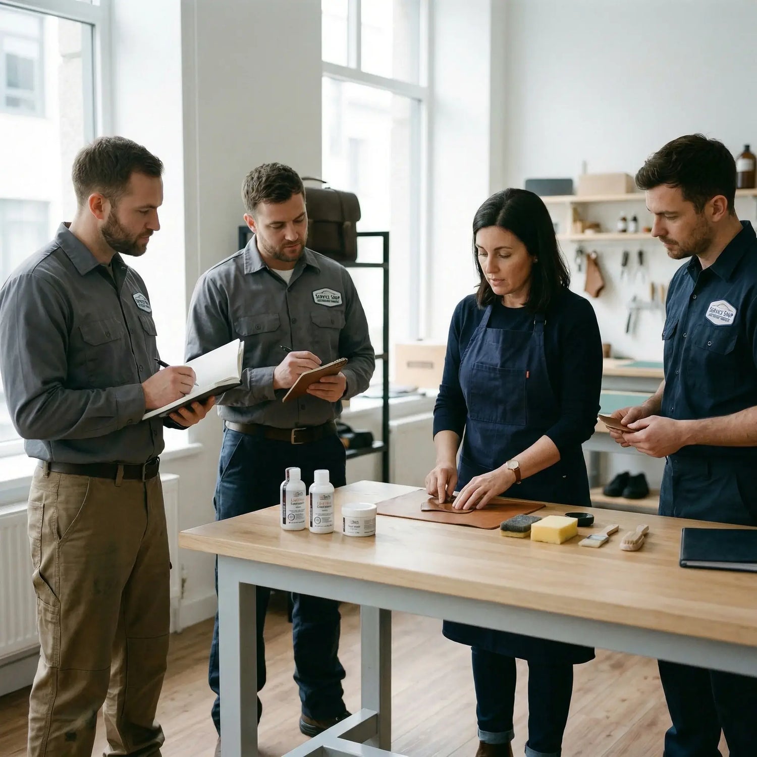 Four people in a room with a table, one of whom is using a tablet. Leather restoration training by letech