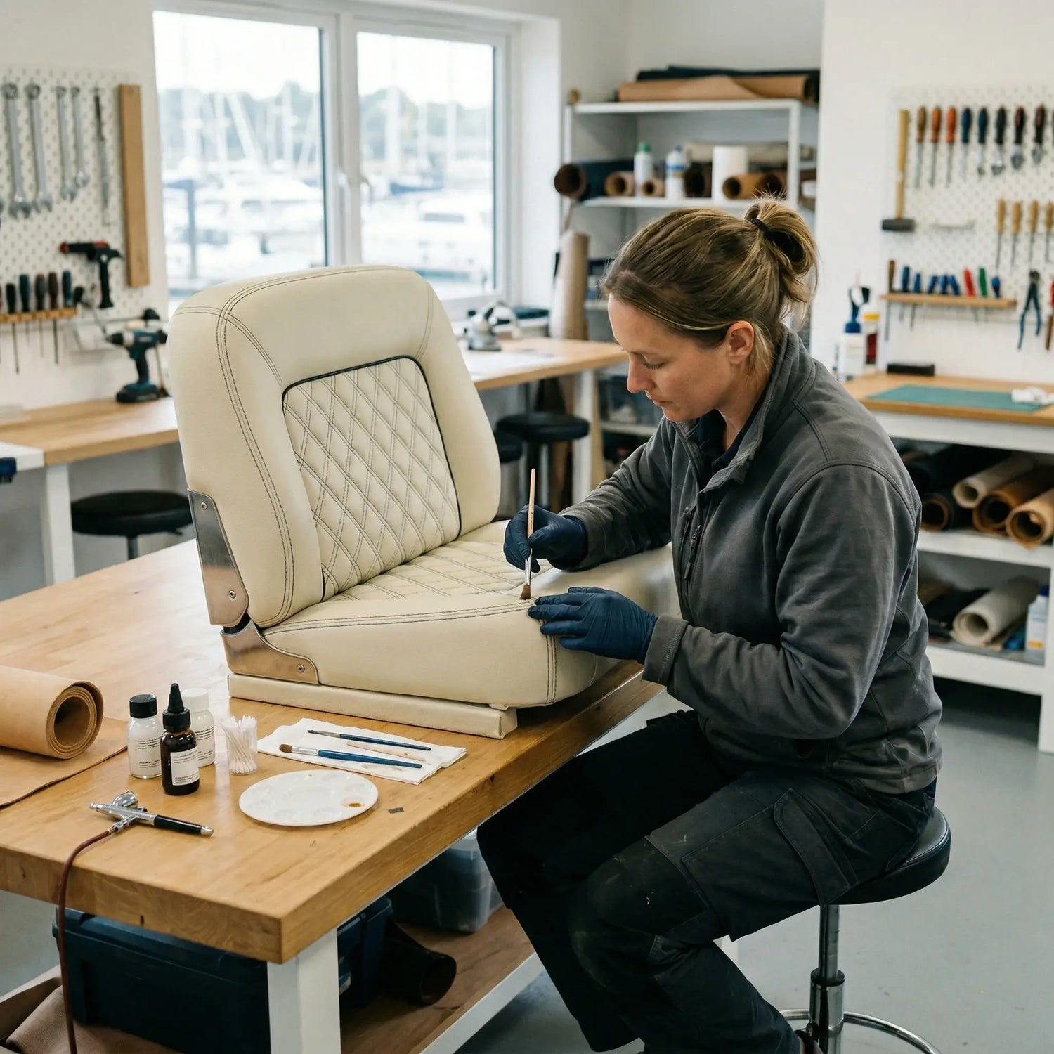 Person working on a boat leather seat in a workshop setting. Boat leather repairs by LeTech