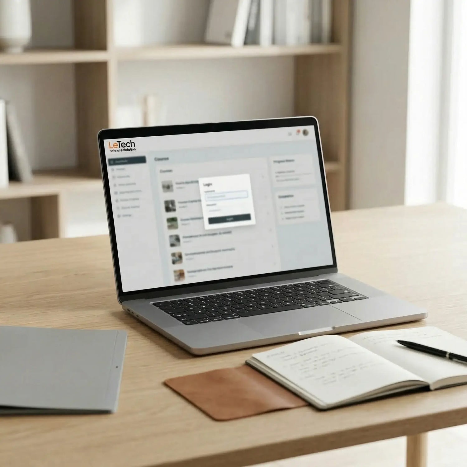Laptop on a desk with a notebook and pen, displaying a website on the screen. LeTech leather repair online classes