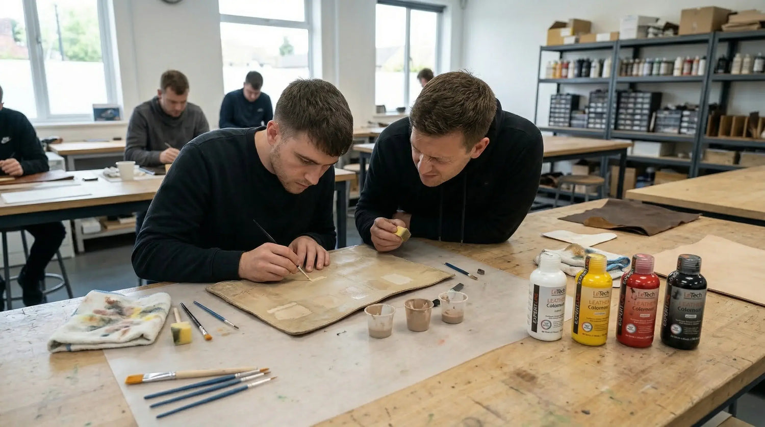 Two students working on a project at a table with art supplies in a classroom setting. LeTech leather repair classes