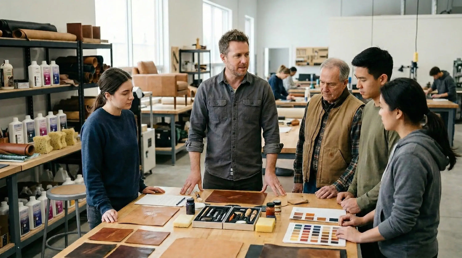 Group of people discussing leather samples in a workshop setting. LeTech leather repair