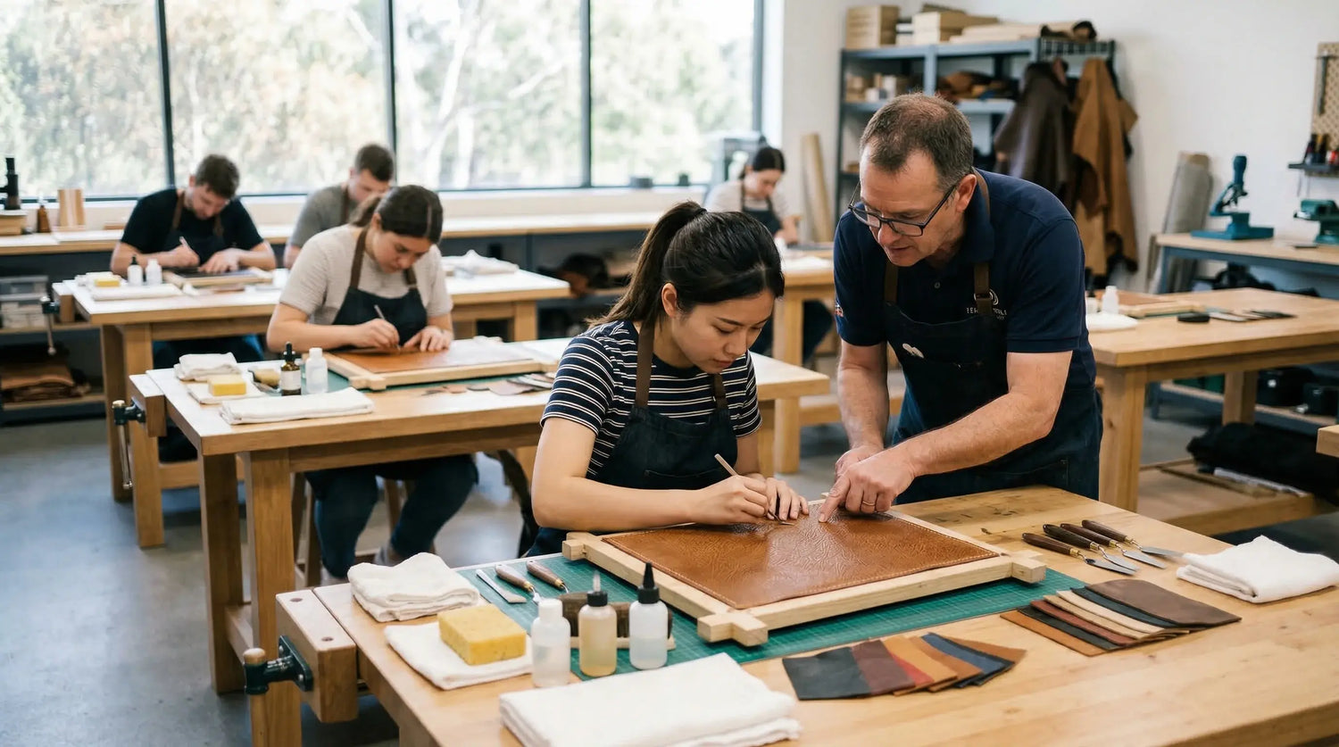 People working on wood projects in a workshop setting. LeTech leather repair classes