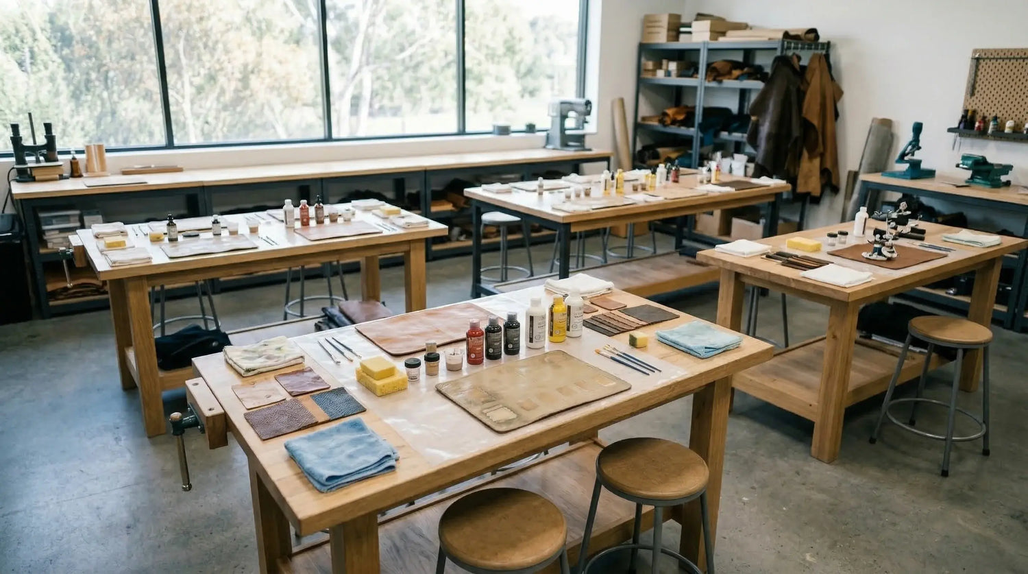 Leather Workshop or studio with wooden tables, tools, and materials on a concrete floor. LeTech leather repair
