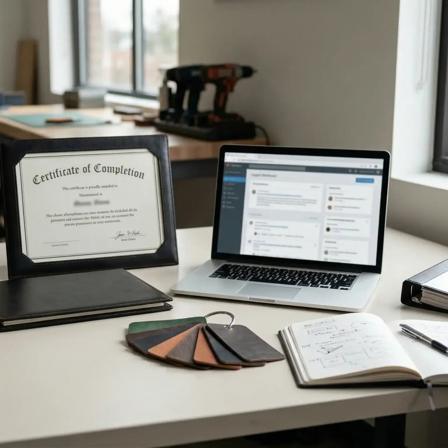 Laptop on a desk with a certificate, color swatches, and notebook in an office setting. LeTech leather repair