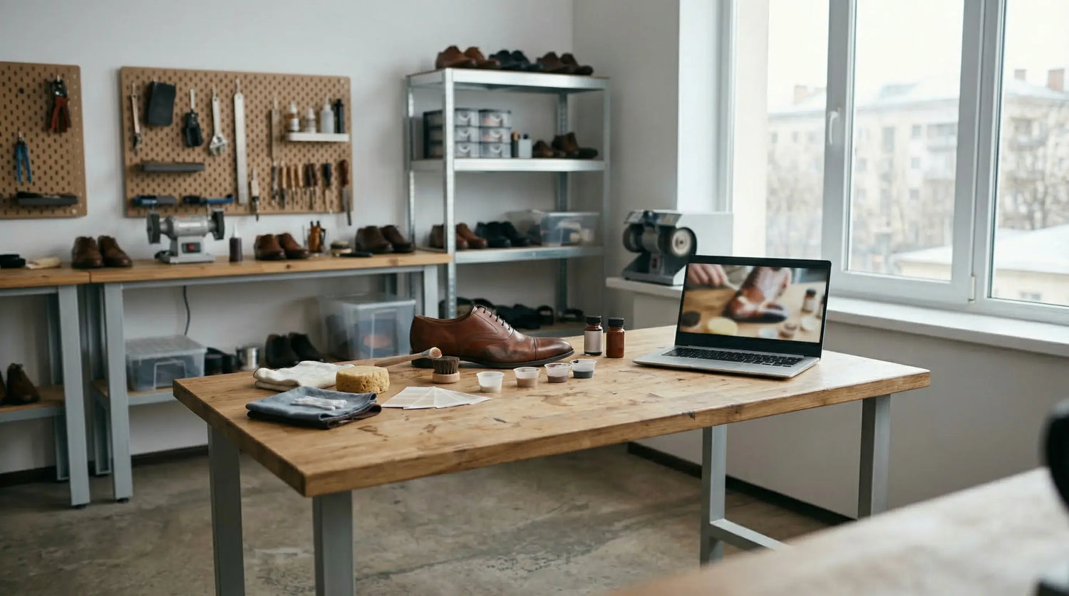 Modern office space with wooden desk, laptop, and shelves with shoes. LeTech leather repair