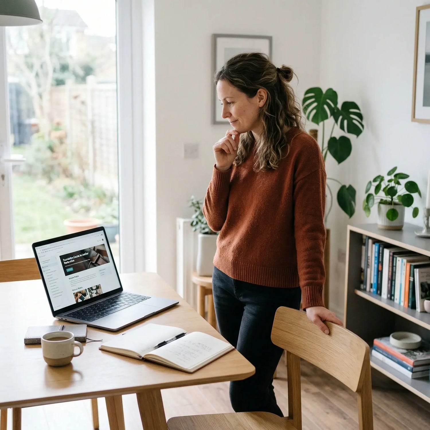 Woman standing at a desk with a laptop and open book, in a bright room with plants and a window. LeTech leather repair online classes