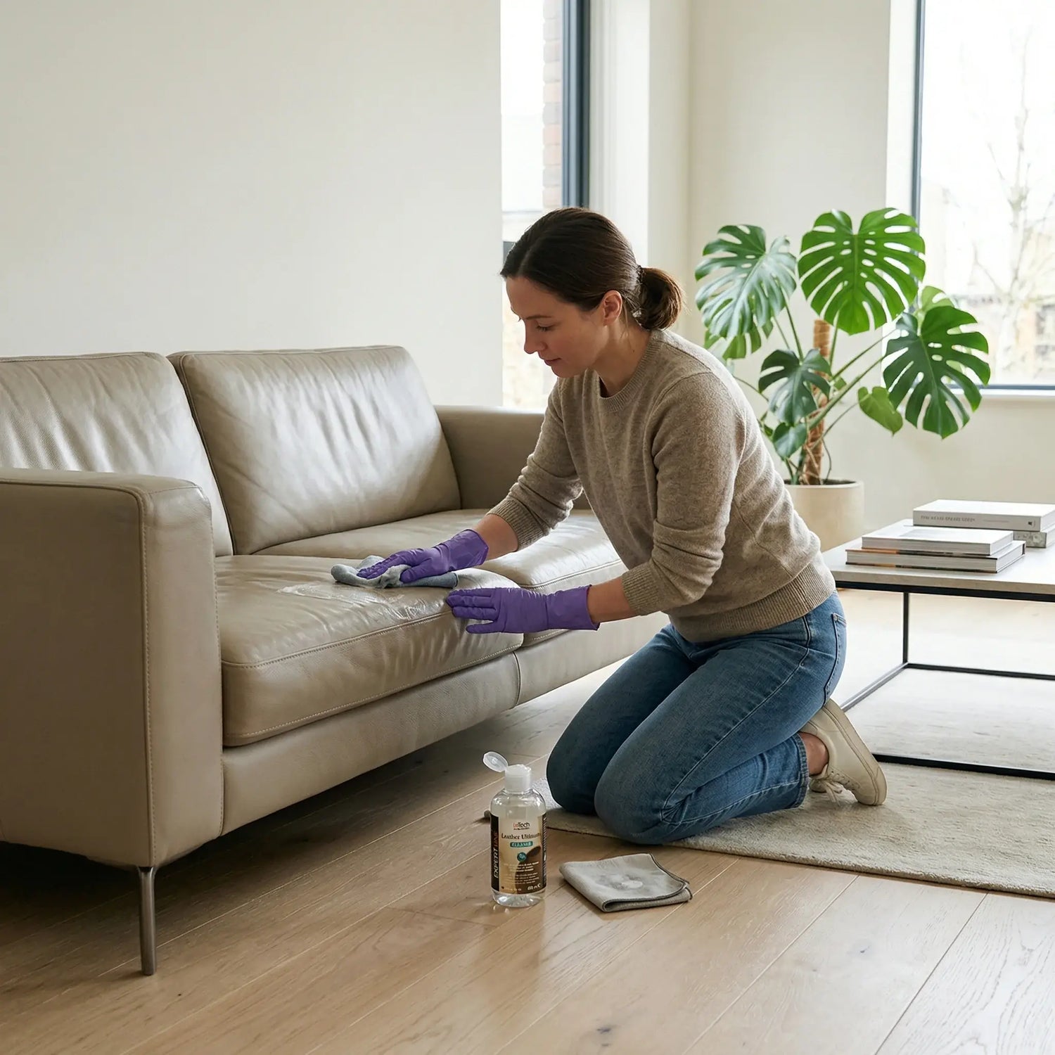 Person cleaning a beige sofa with a bottle of cleaning solution in a living room. Leather furniture repair by LeTech 