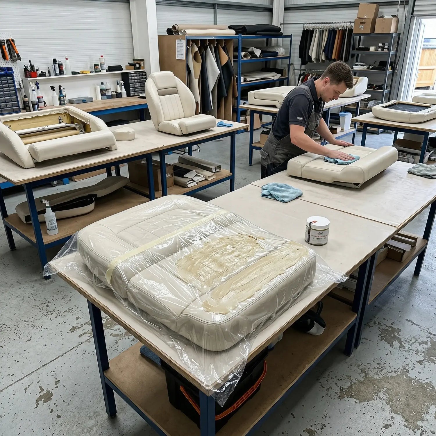 Workshop setting with car seats and materials on tables, person working. Boat leather repairs by LeTech