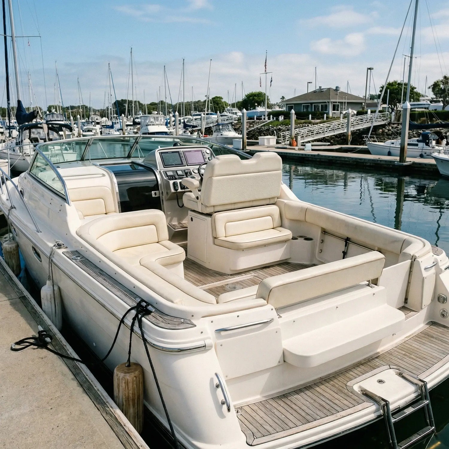 White boat with beige interior at a marina. Boat leather repairs by LeTech