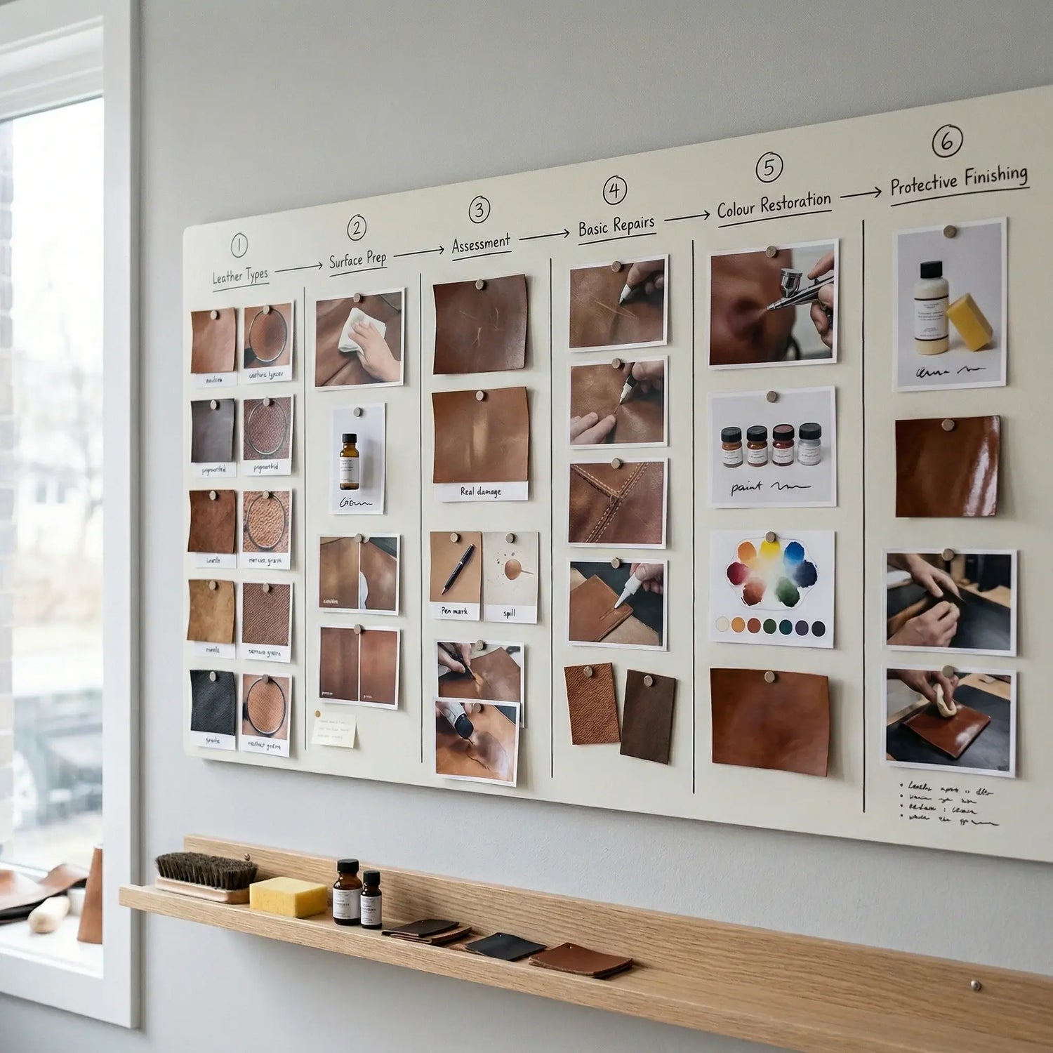 Wall with a leather care guide and samples on a white wall. LeTech leather repair classes