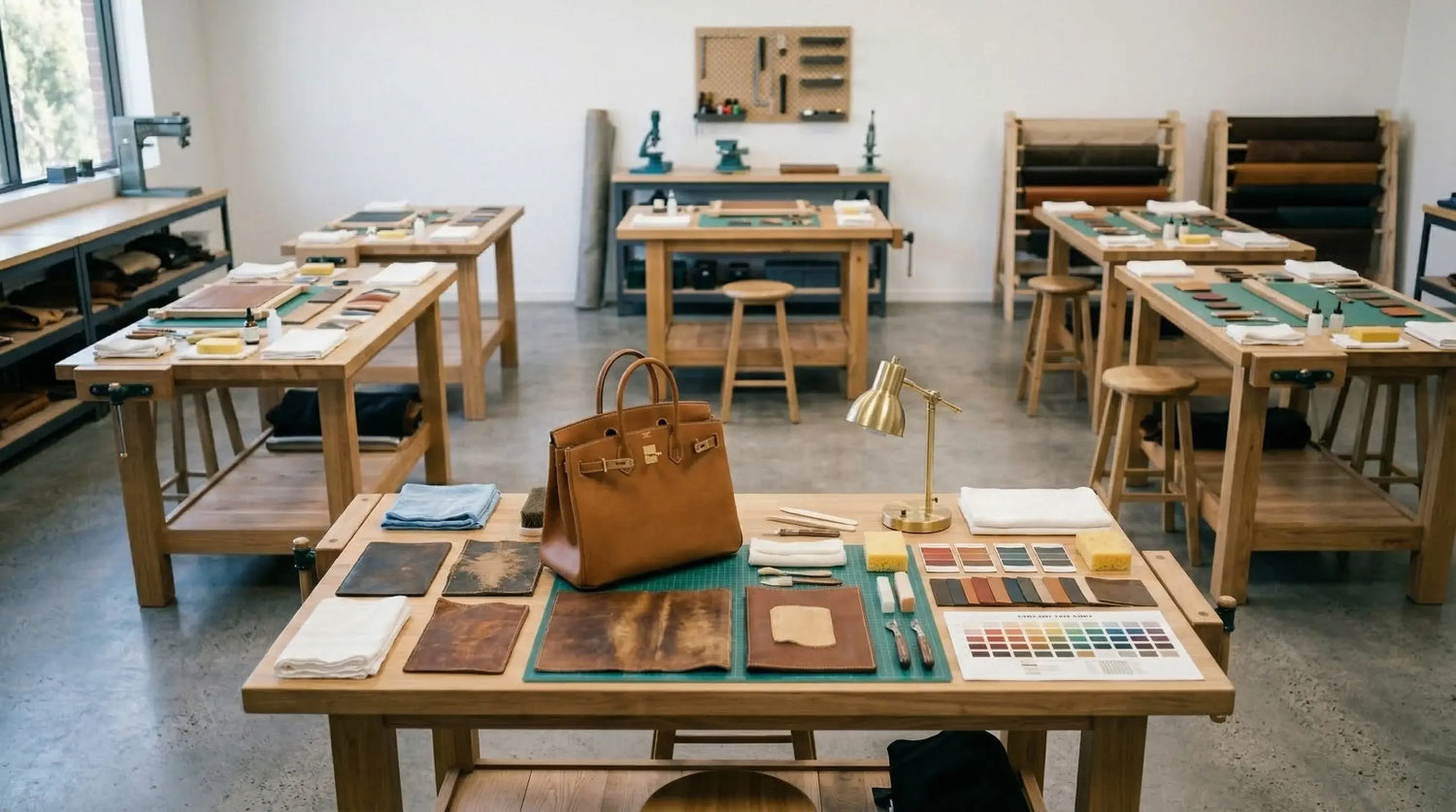 Workshop or design studio with tables, chairs, and leather samples. LeTech leather repair shop
