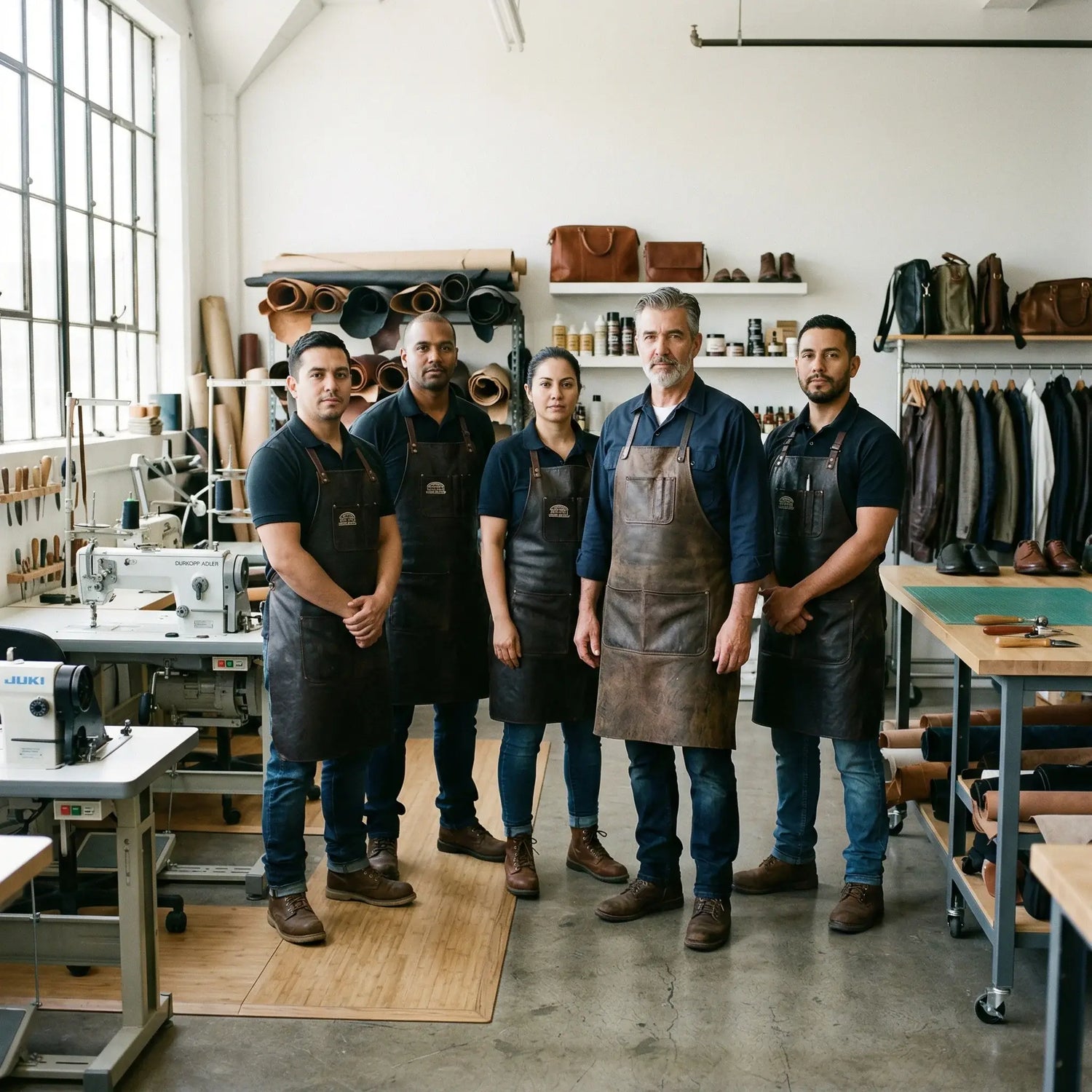 Five workers in a workshop wearing aprons, with tools and materials in the background. Leather repair courses