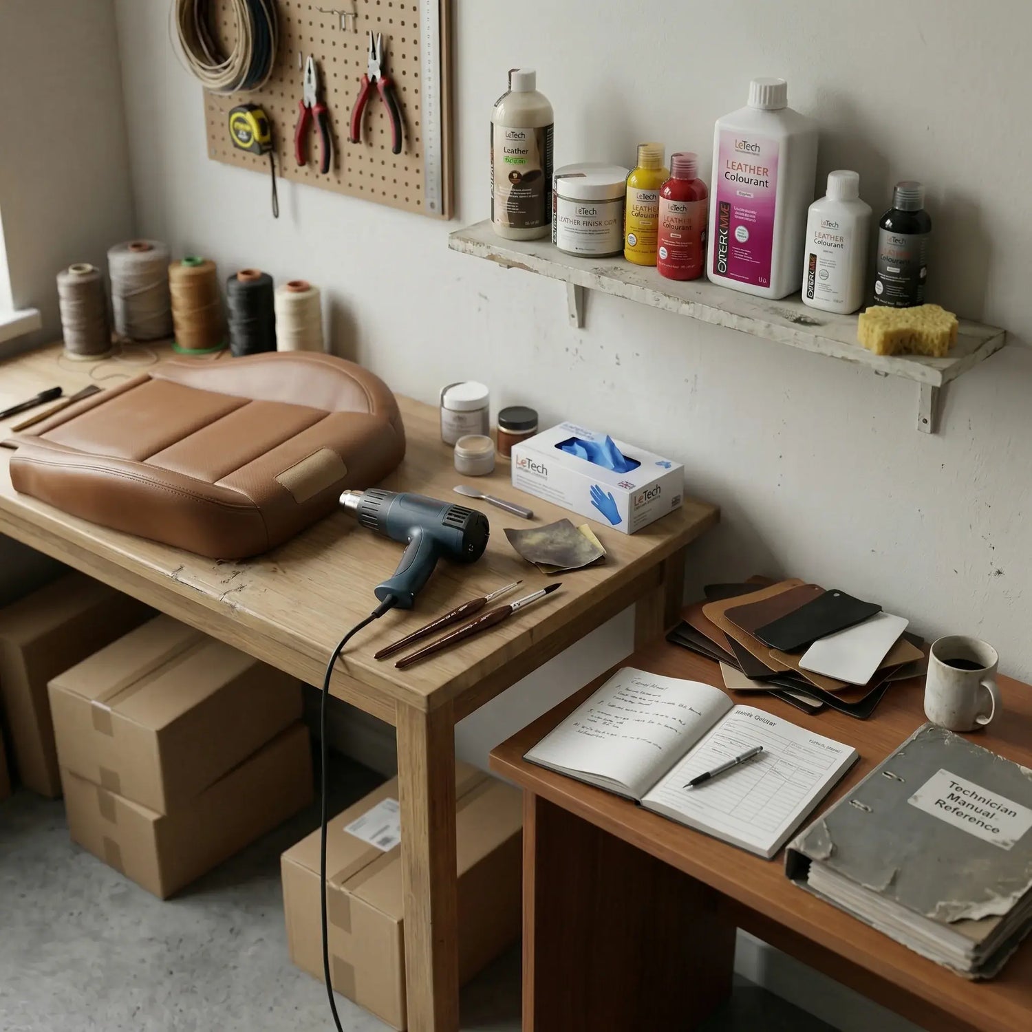 Workshop desk with leather item, tools, and supplies in a home workshop setting. LeTech leather repair