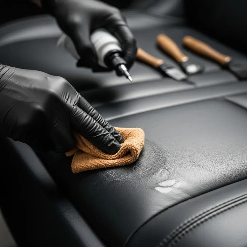 Person cleaning a car seat with a cloth and applying a product with a applicator. LeTech leather repair