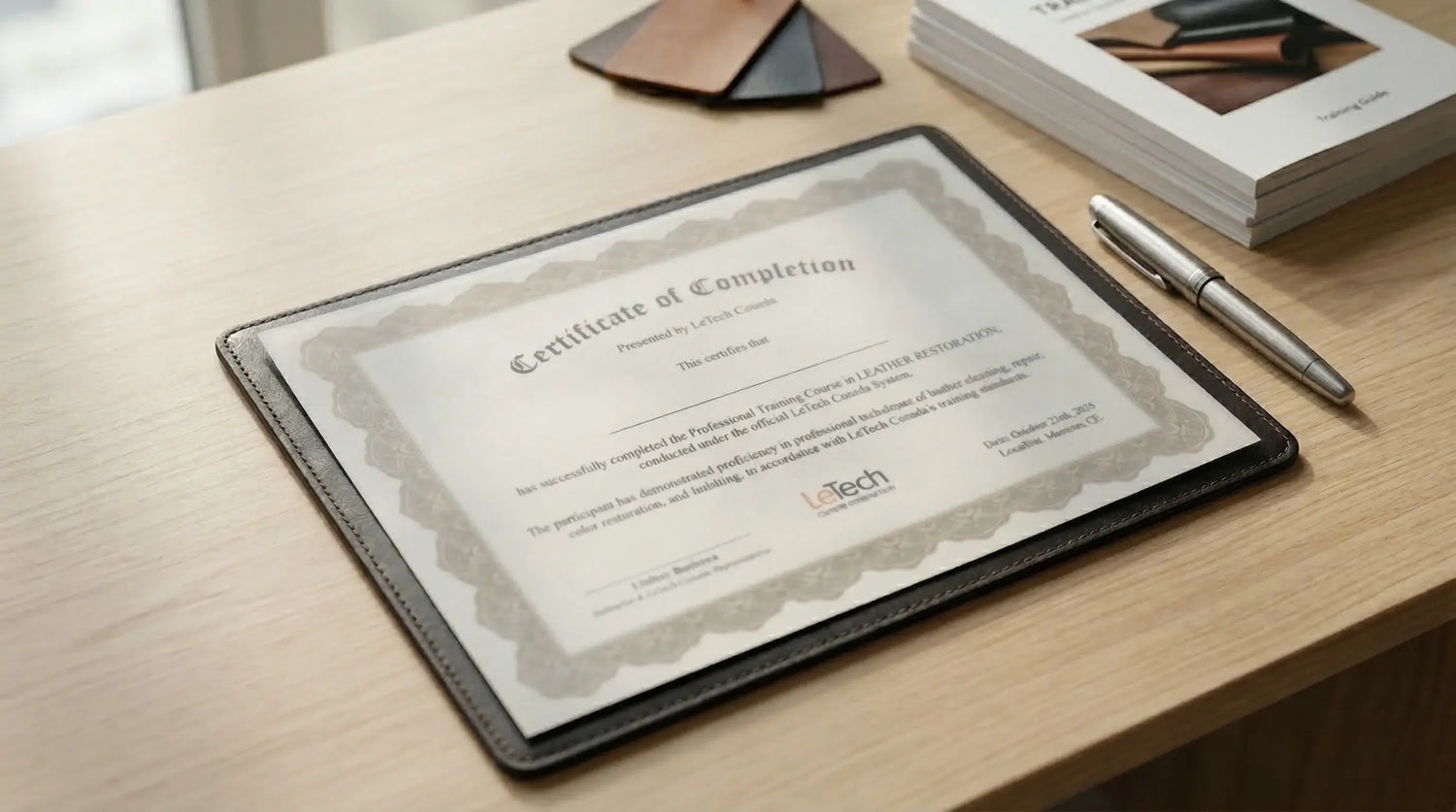 LeTech Leather repair Certificate of Completion on a desk with a pen and other items
