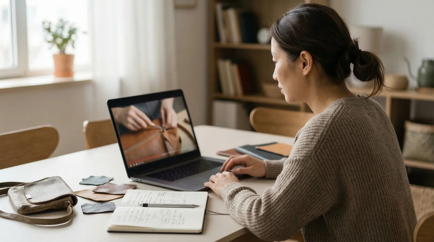 Woman working on a laptop at a desk in a home office setting. LeTech leather repair classes