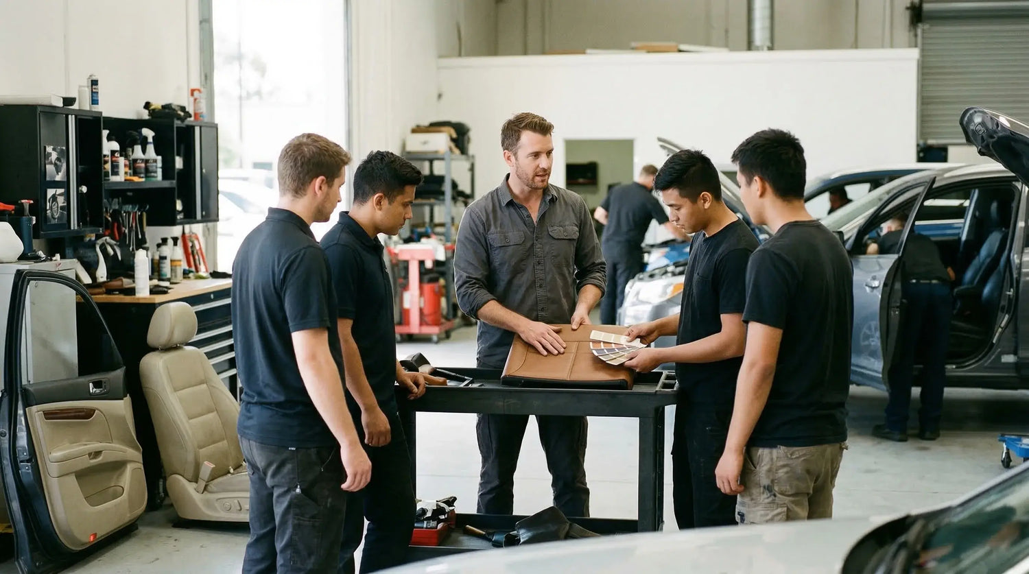 Group of mechanics working together in a garage. LeTech leather repair classes 