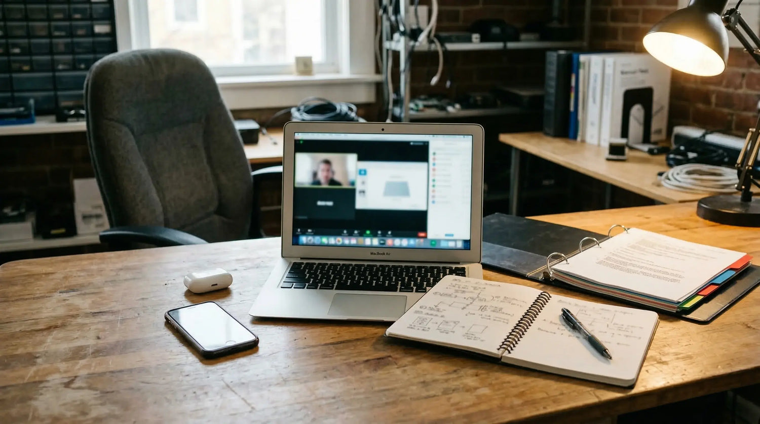 Laptop on a desk with a notebook, pen, and phone in an office setting. LeTech leather repair