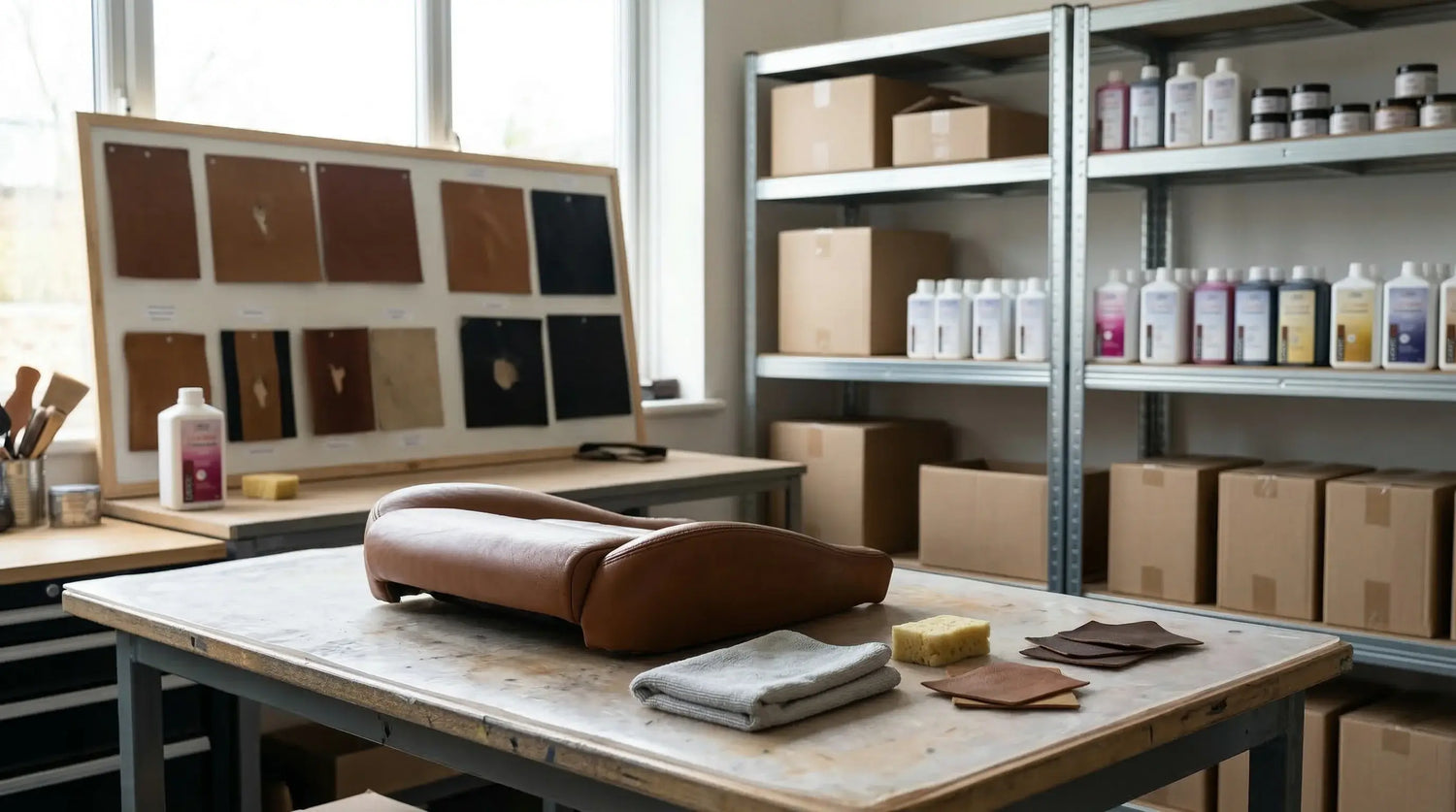 Workshop with leather pieces on a table and supplies on shelves. LeTech leather repair