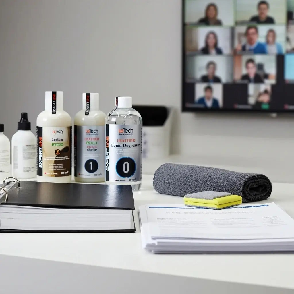 Cleaning products on a desk with a video conference in the background. LeTech leather repair