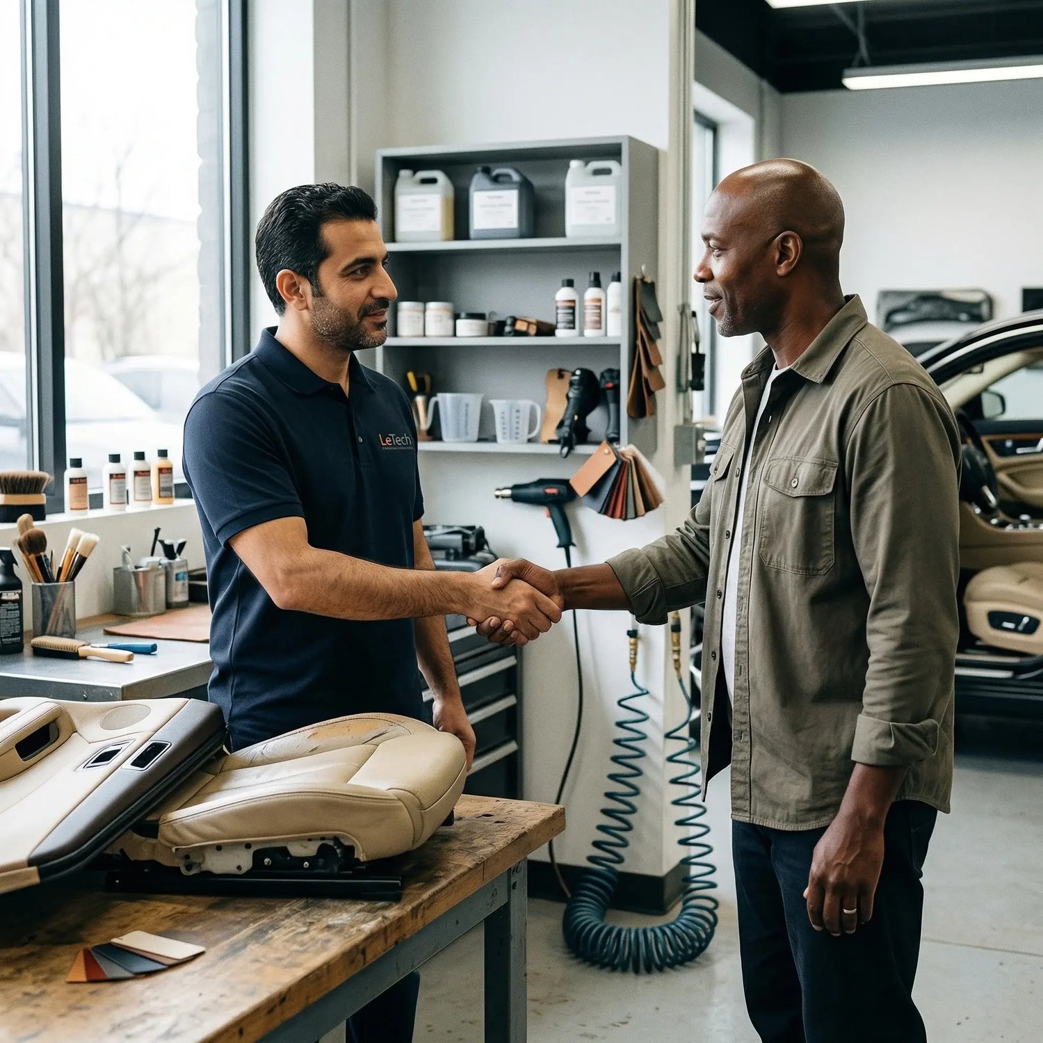 Two men shaking hands in a car repair shop with automotive parts and tools in the background. LeTech leather repair