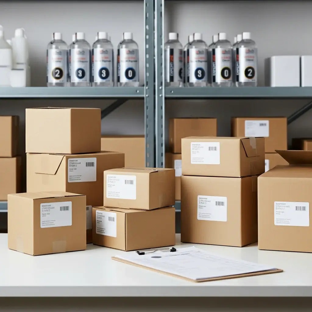 Stack of cardboard boxes with labels in a warehouse setting. Letech wholesale