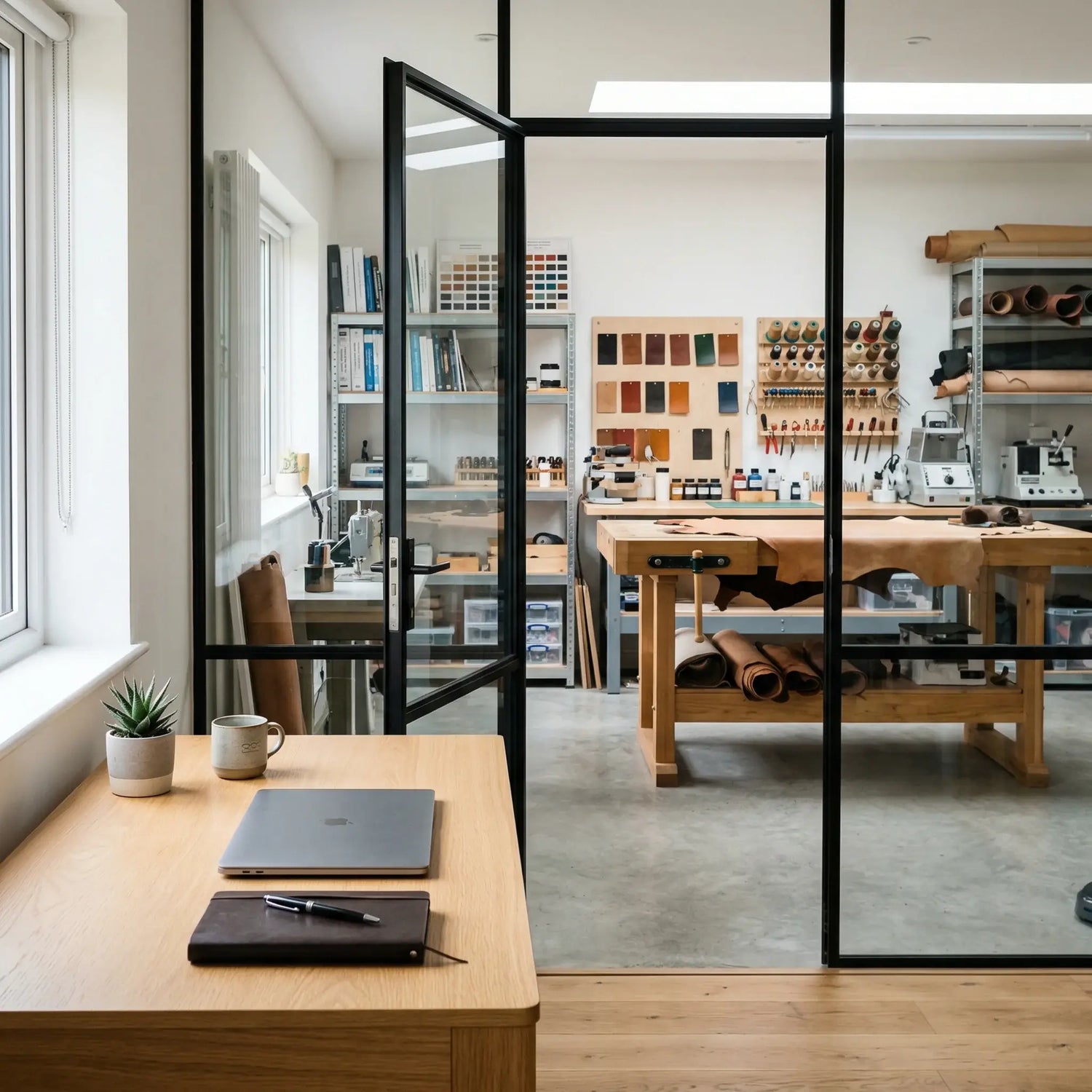 Modern office space with wooden desks and glass walls. LeTech leather repair