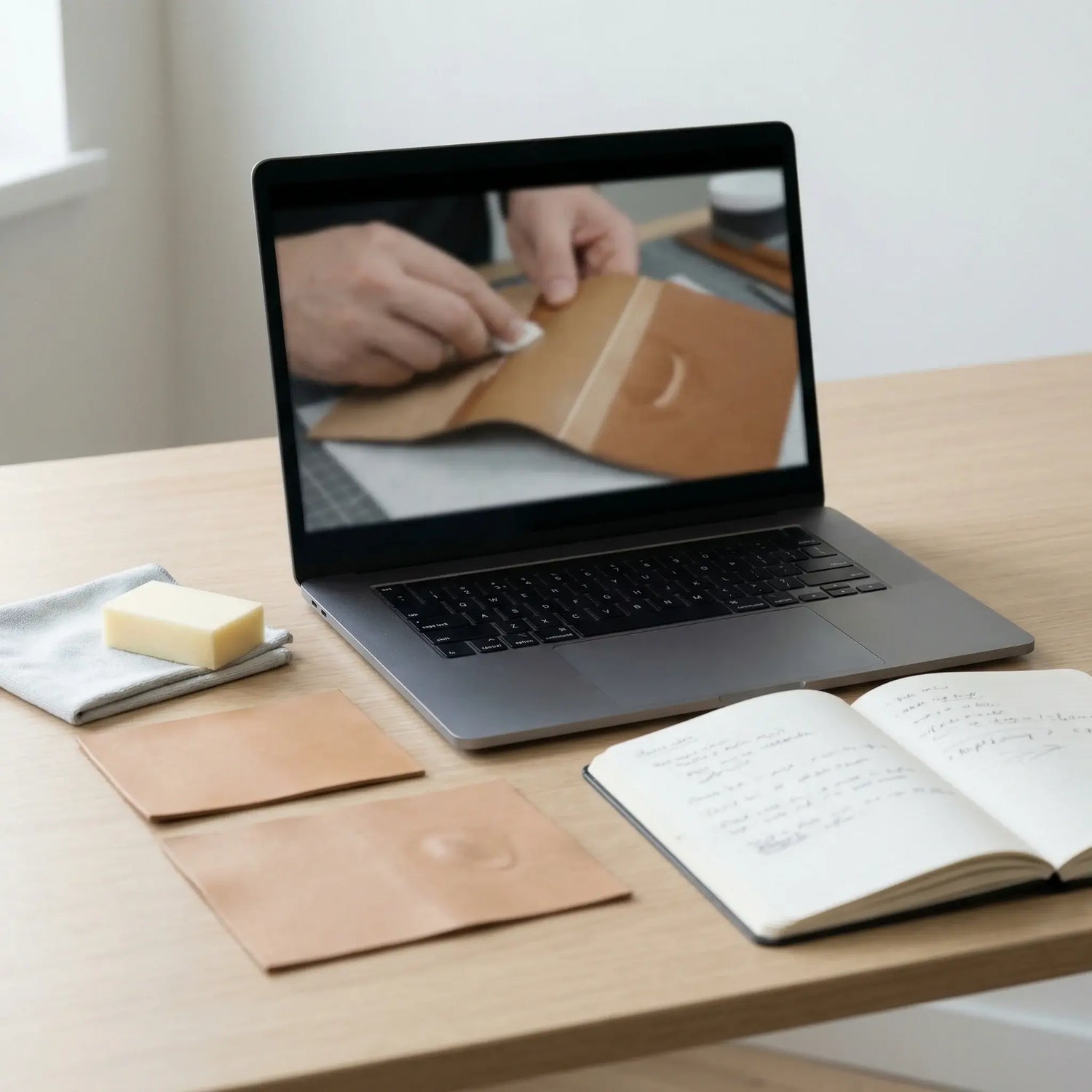 Laptop on a desk with leather products and a notebook. LeTech leather repair online classes by LeTech