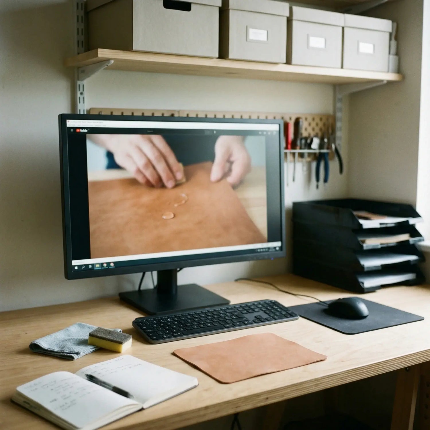Home office desk with computer monitor, keyboard, mouse, and stationery items. LeTech leather repair