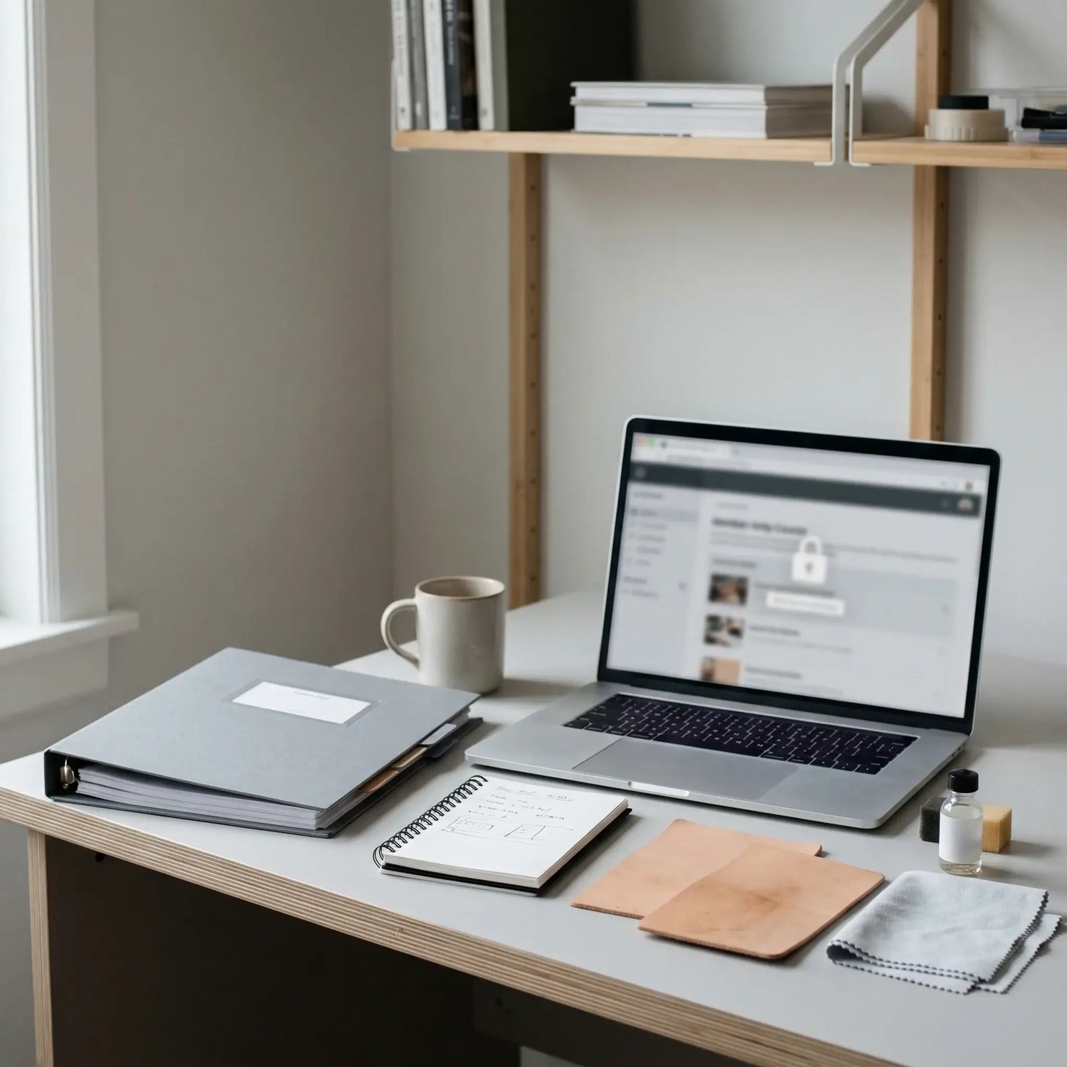 Modern office desk with laptop, notebook, and mug in a well-lit room. LeTech leather repair