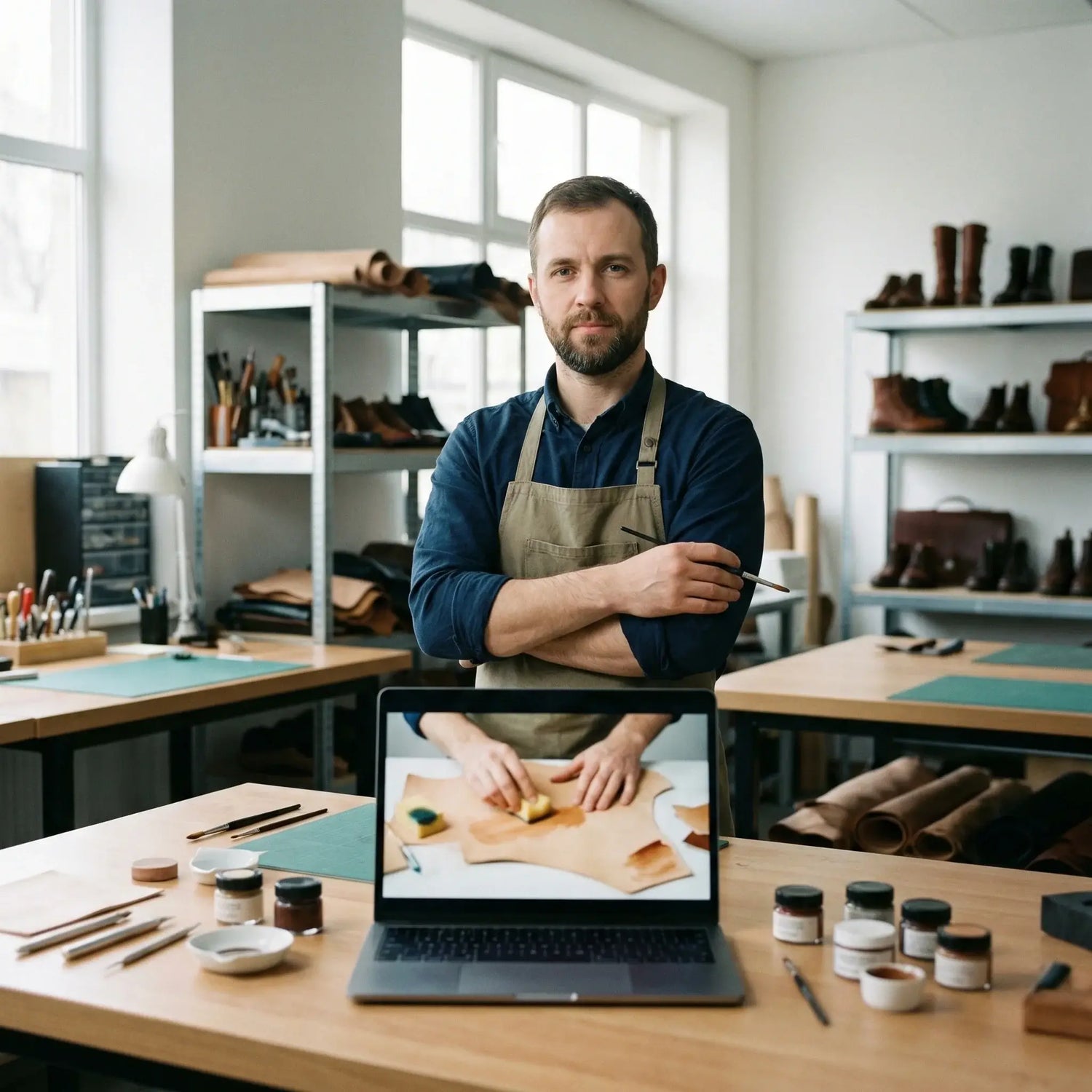 Man in a workshop with a laptop showing a video of leather work. LeTech leather repair