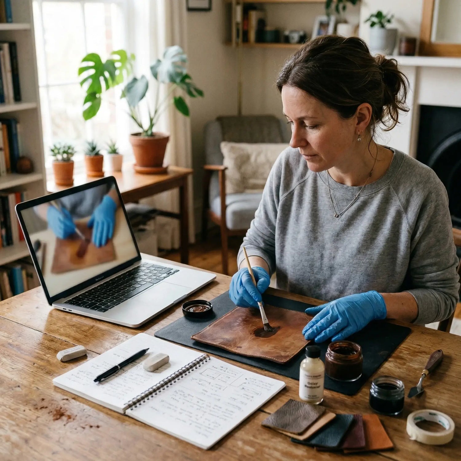 Woman working on leather items with a laptop in a home setting. LeTech leather repair