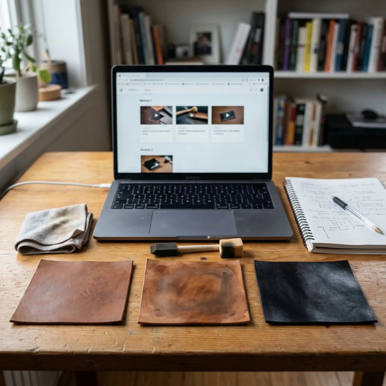 Laptop on a wooden desk with leather products and a notebook. LeTech leather repair