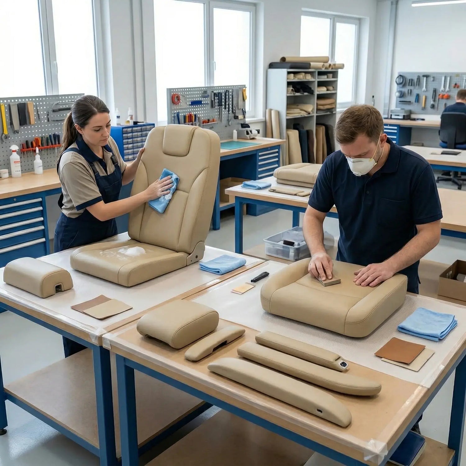 Two people working on jet seat components in a workshop setting. Leather restoration for airplanes by Letech
