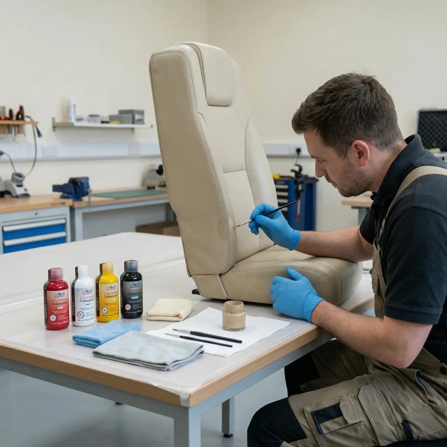 Person working on a beige airplane seat in a workshop setting. Leather restoration for airplanes by Letech