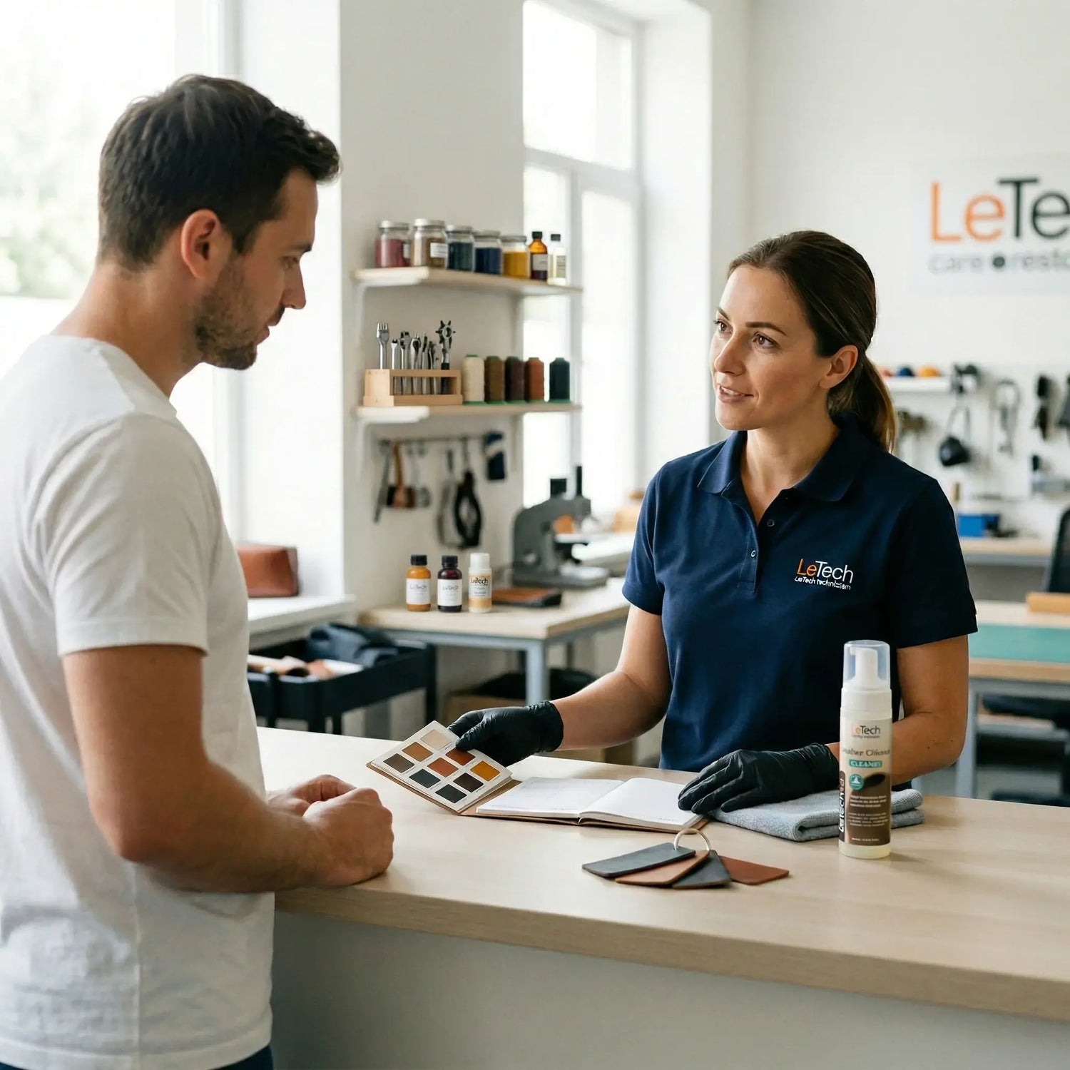 Woman in a blue shirt with a LeTech logo interacting with a customer in a store setting.