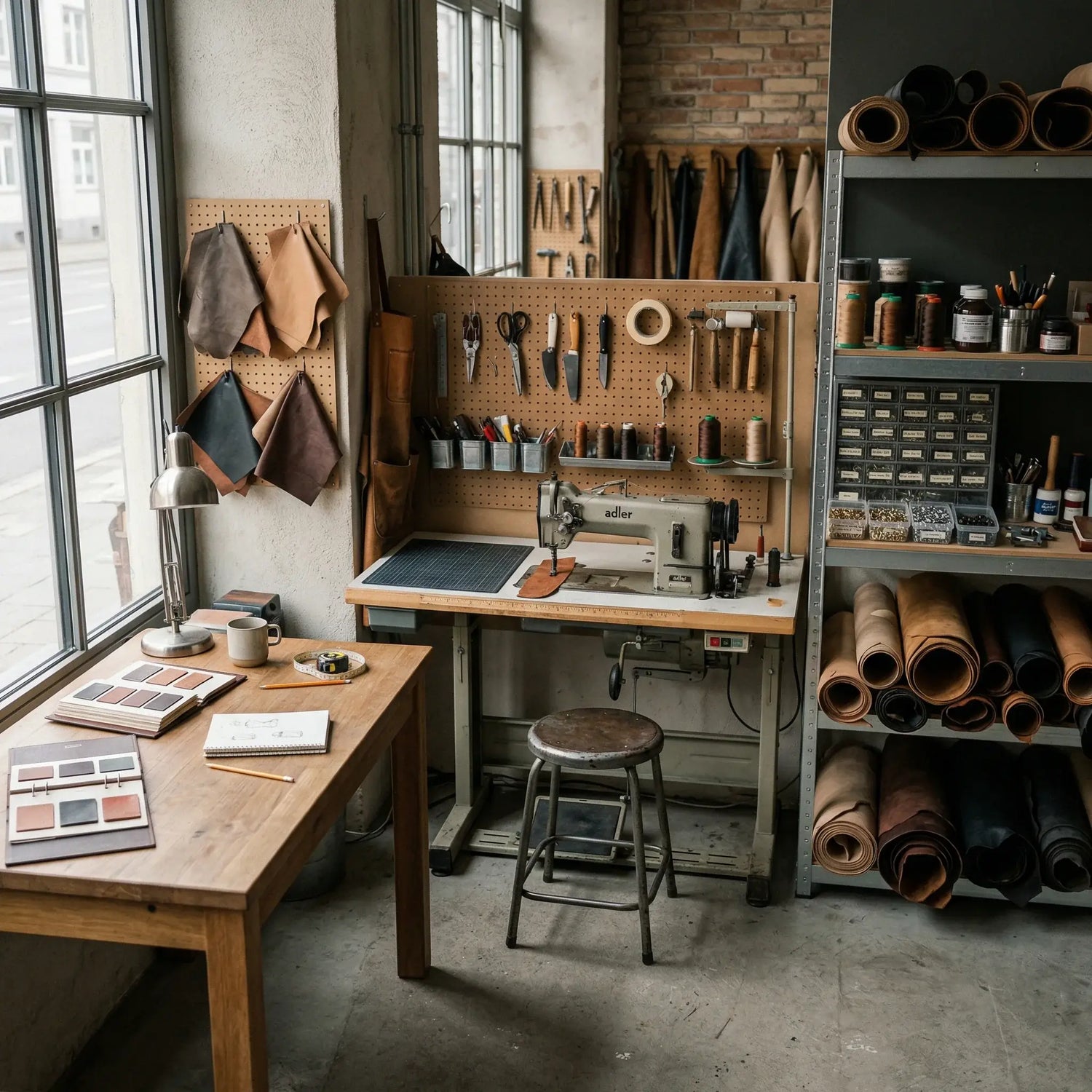 Workshop with sewing machine, tools, and materials on a pegboard and shelves. LeTech leather repair