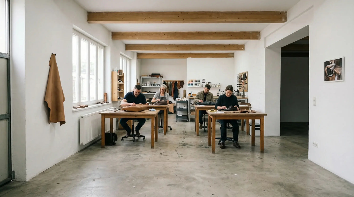 People working at wooden tables in a modern leather workshop with large windows and exposed beams. LeTech leather repair